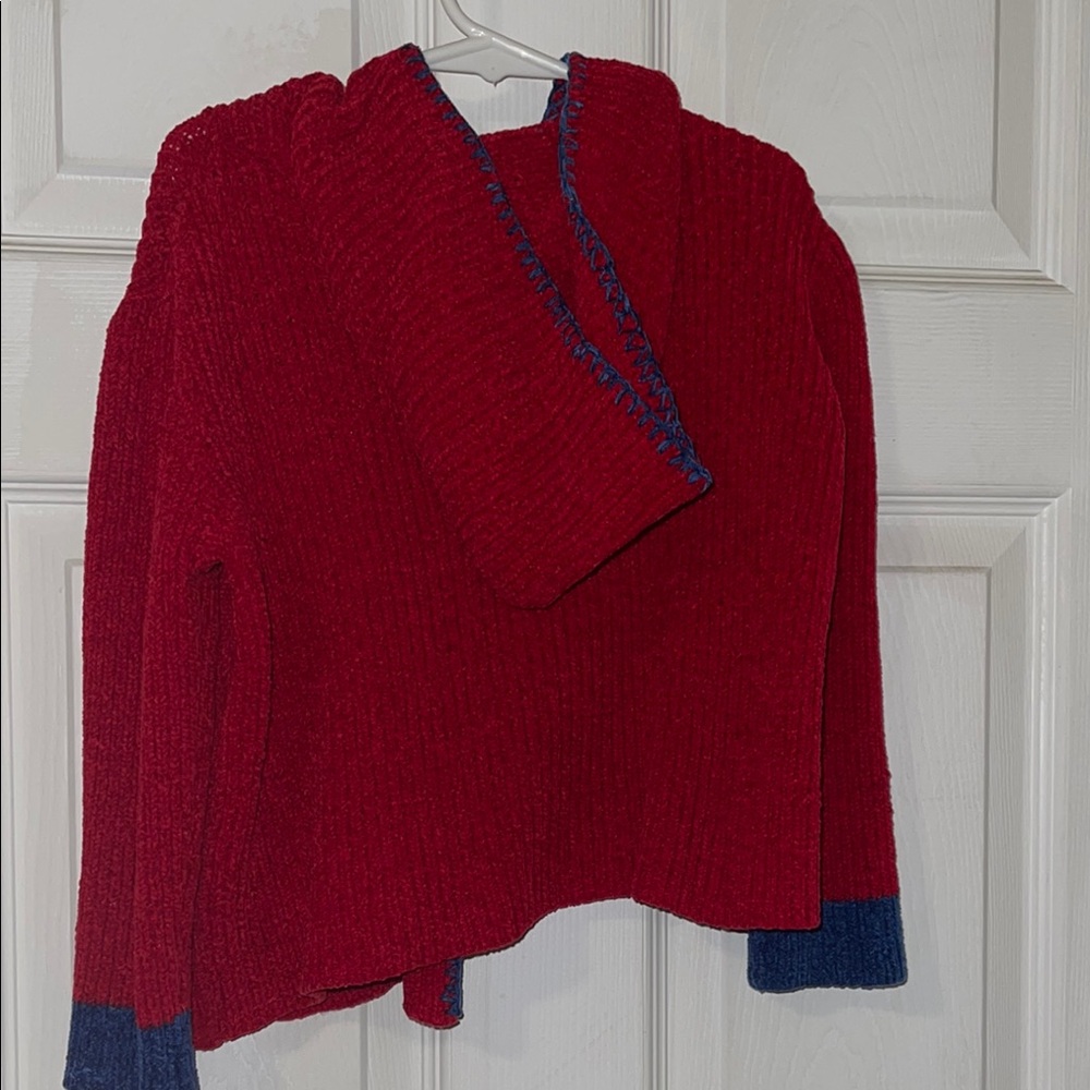 Vibrant Red Knit Cardigan with Blue Accents - Picture 2 of 4